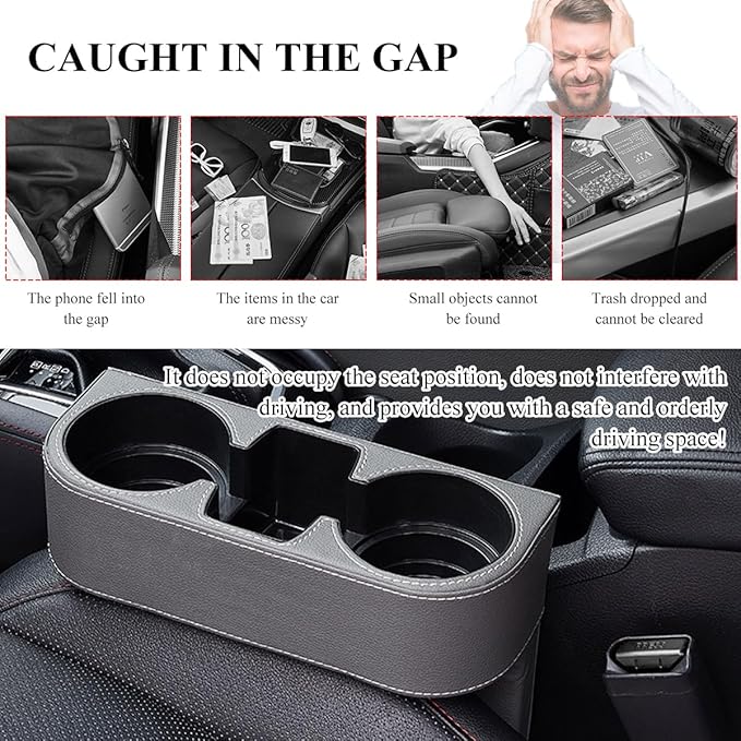DXNQ Car Cup Holder Gap Filler Organizer, Multifunctional Auto Front Console Gap Filler with Cup Holder, Leather Extra Cup Holder Storage Box for Car Truck SUV, Car Accessories (Gray)