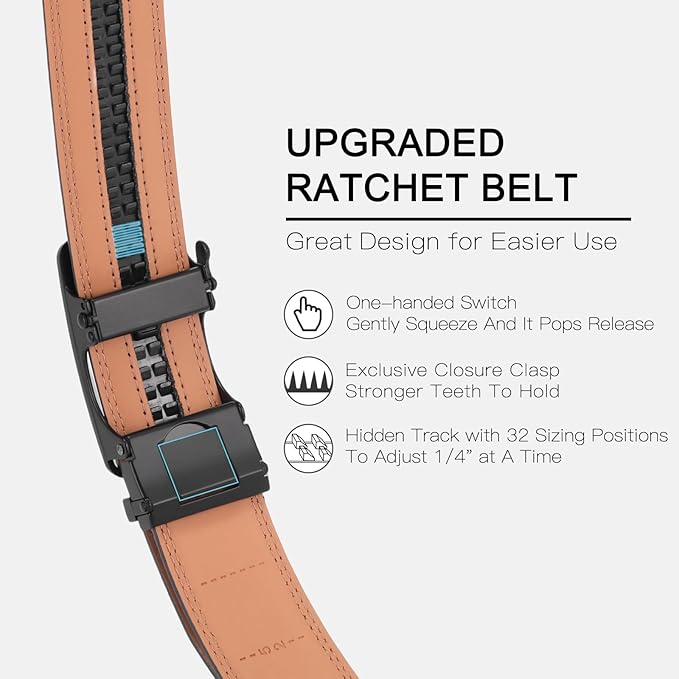 SENDEFN Men's Leather Belt - Automatic Ratchet Slide Buckle, Easy Trim-to-Fit Function, Packaged with Gift Box