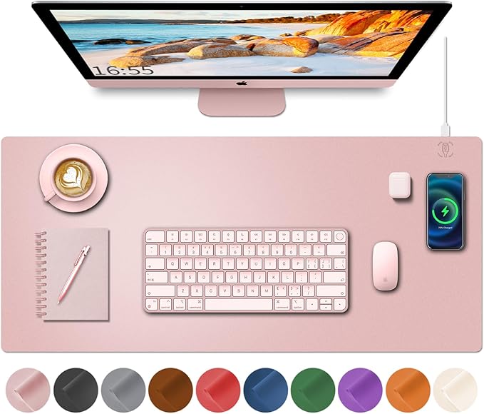 Desk Mat with Wireless Charging, Pink Mouse Pad with Wireless Charger, Desk Pad Matt for Desktop, Mousepad Gaming Large Mouse Pad, Leather Compute for Keyboard and Mouse, 32" x 16"