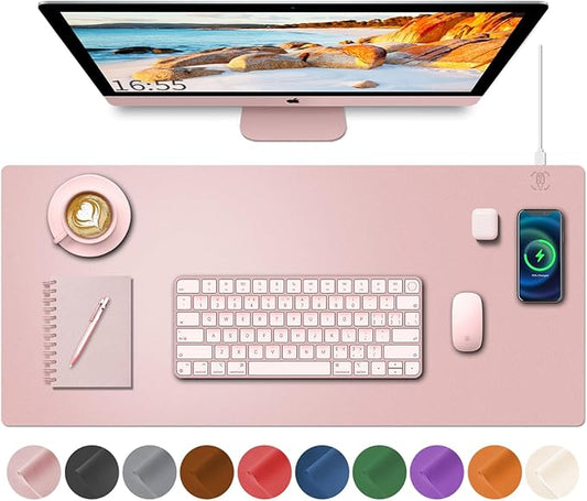 Desk Mat with Wireless Charging, Pink Mouse Pad with Wireless Charger, Desk Pad Matt for Desktop, Mousepad Gaming Large Mouse Pad, Leather Compute for Keyboard and Mouse, 32" x 16"