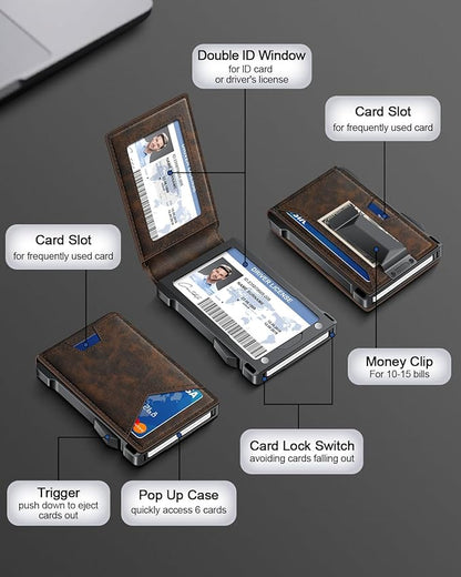 Wallet for Men RFID Wallet with 2 ID Windows & Money Clip, Slim Pop Up Card Holder for 10-12 Cards, Bifold Minimalist Smart Wallet for Front Pocket, Compact Metal Credit Card Holder, Gifts for Men