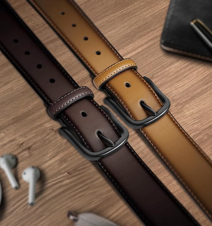BULLIANT Men Belt 2Pack-Leather Belt 7Holes Comfortable For Men's Dress Casual Jeans 1 3/8"
