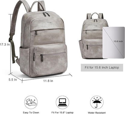 Leather Laptop Backpack for Women 15.6 Inch Laptop Travel Backpack Purse Casual Daypack with Laptop Compartment for College Work Nurse Business Weekender, Grey