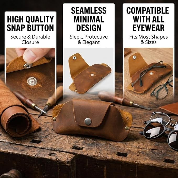 Toprank Leather Eyeglass Case - Handmade Slim Sunglasses Holder, Genuine and Universal Fit for Men and Women