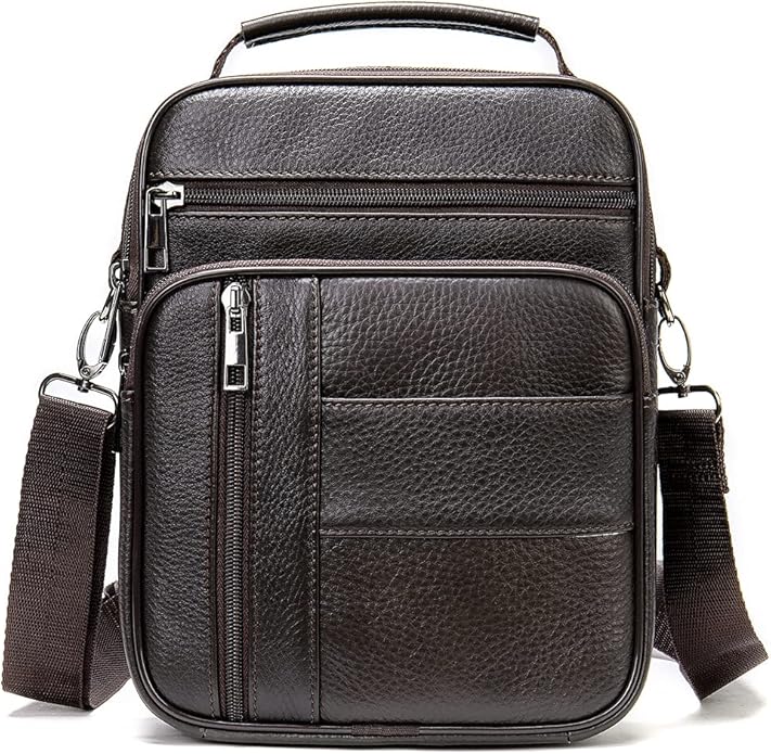 Hebetag Small Leather Sling Shoulder Bag Messenger Pack for Men Women Outdoor Travel Business