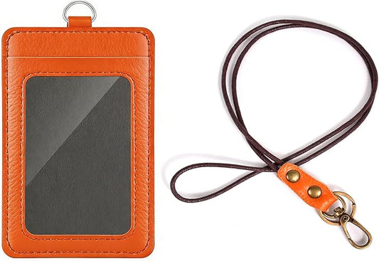 Leather ID Badge Holder with Lanyard for Women and Men, Vertical ID Card Holder, 2 Card Slots, 22 Inch Neck Lanyard for Work, School, Office