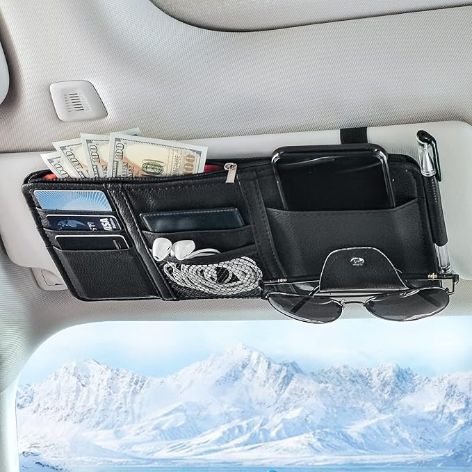 Keedolla Car Sun Visor Organizer, Auto Interior Accessories Pocket Organizer Visor Storage Pouch Sunglasses Holder with Zipper Pocket for Truck, SUV - Black