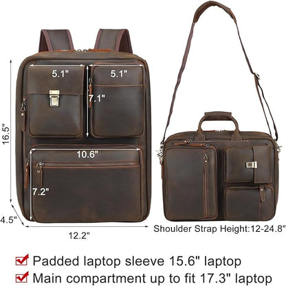 TIDING Men's Leather Convertible Backpack 15.6 Inch Laptop Briefcase Messenger Bag Work Business Travel Rucksack