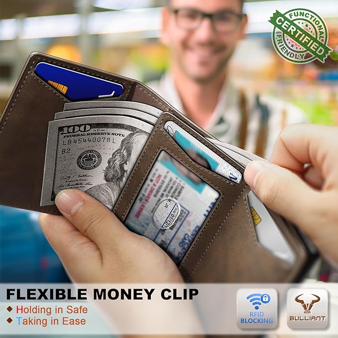 BULLIANT Men Wallet Leather Wallet Card Holders Money Clip for Men 10Cards-Magnetic Flip on Metal Case