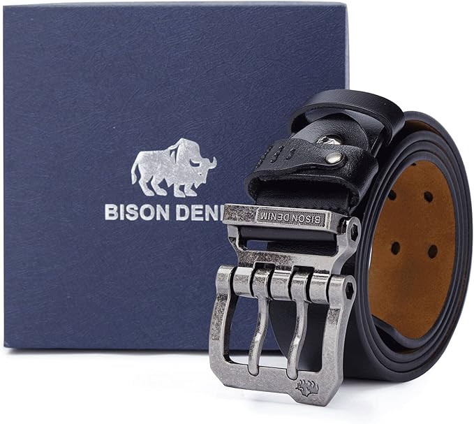 BISON DENIM Men's Belts Leather Dress Genuine Leather Classic Heavy Duty Buckle Belt Casual for Jeans