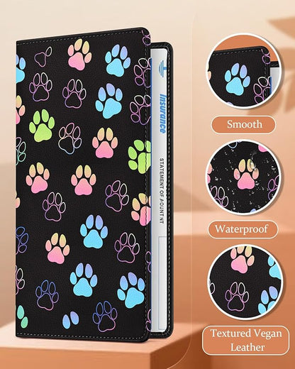 Slohif Car Registration and Insurance Card Holder with Magnetic Shut - Vehicle Glove Box Organizer Women Leather Automobile License Holders Coasters Auto Accessories Case for Document Paw Print