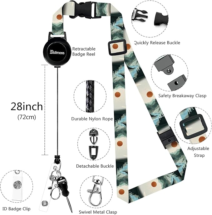 bolimoss Mountain Lanyards for ID Badges, Landscape PU Leather Badge Holder with Detachable Neck Lanyard Strap, Adjustable Retractable Badge Holder with Swivel Metal Clasp, Name Tag Holder for Teacher