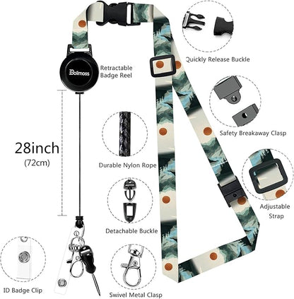 bolimoss Mountain Lanyards for ID Badges, Landscape PU Leather Badge Holder with Detachable Neck Lanyard Strap, Adjustable Retractable Badge Holder with Swivel Metal Clasp, Name Tag Holder for Teacher
