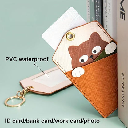 PU Leather ID Badge Holder with Keychain - Cartoon Animal Cute ID Badge Holder, 3 Card Slots for Professionals, Students, Nurse Officer, School Women Girls Boys (Brown)