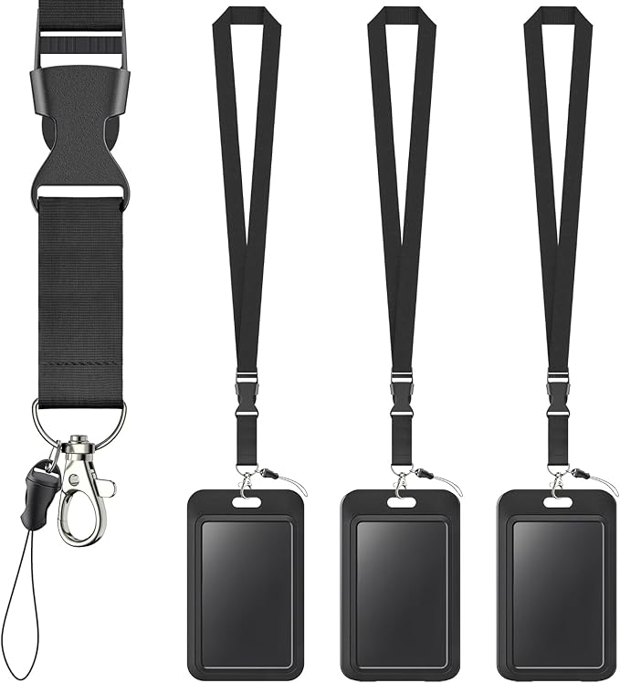Uniclife 3 Pack Sliding Badge Holder Hard Black Vertical Plastic Card Case Protector with Detachable Lanyard Strap for Office School ID Credit Proximity Key Card Driver’s License and Pass