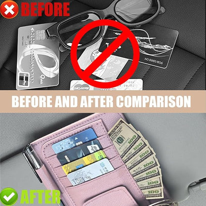 Augeny 2 PCS Car Sun Visor Organizer, Small Auto Visor Organizer and Storage, Registration and Document Holder for Sunglasses, Card, Pen, Driver License, Car Accessories (Pink)