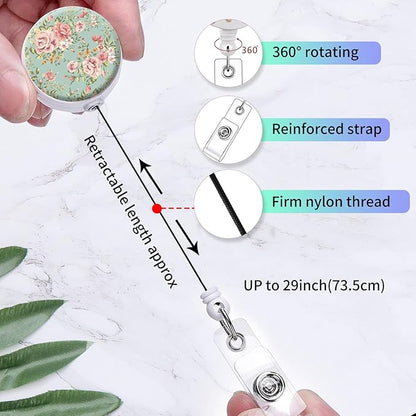 2 Pack Badge Reels Holder Retractable with ID Clip for Nurse Name Tag Card Nursing for Doctor Teacher Student Employee Office Medical Work (Green Flowers)
