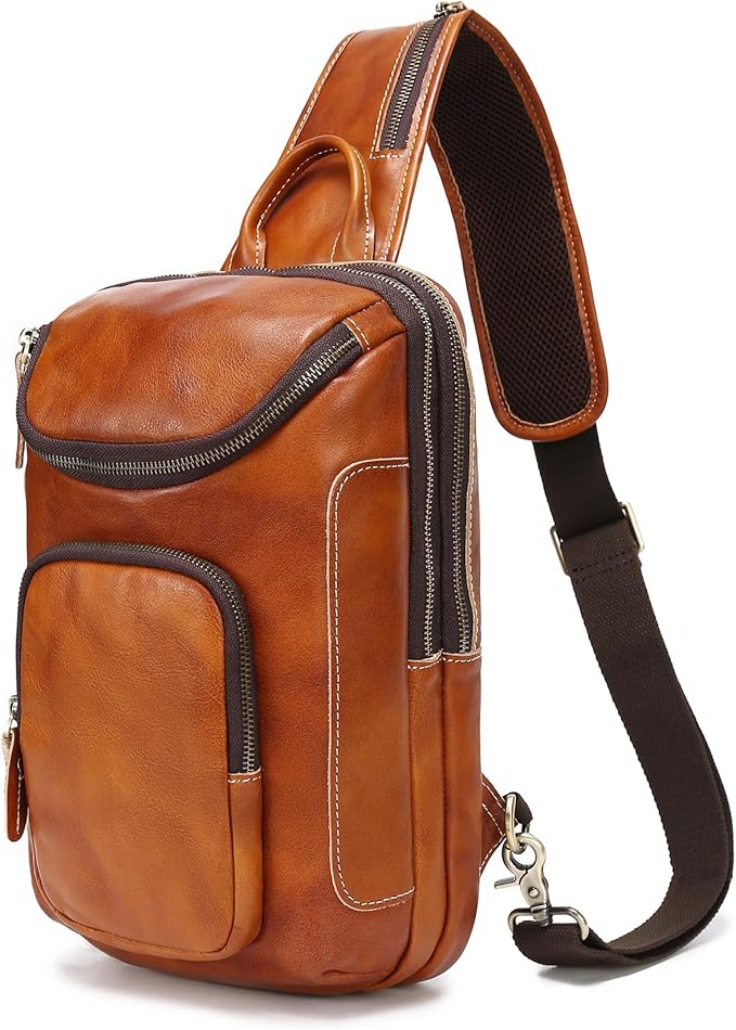 LANNSYNE Vintage Full Grain Leather Sling Bag Crossbody Chest Daypack | Vintage, Full Grain, Leather, Chest