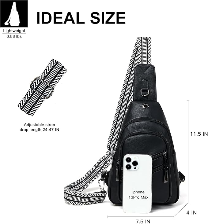 Leresas 7L Crossboydy Sling Bag for Women Vegan Leather Crossbody Purse Fanny Pack Chest Bag for Travel,Black