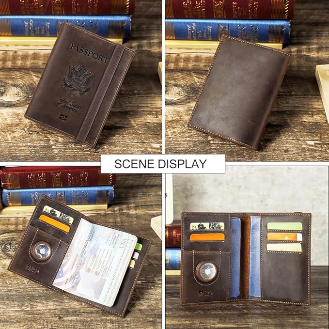 CONTACTS Full Grain Leather Passport Holder for 2 RFID Blocking Travel Passport Wallet Compatible with Airtag Passport Cover Case for 2 Passports, 5 Card Slots with Logo