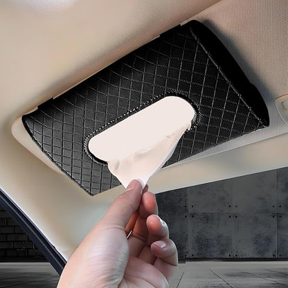 Car Tissue Holder, Leather Tissue Holder for Car Sun Visor, Rectangular Auto Sun Visor Napkin Holder Mask Dispenser, Universal Vehicle Tissue Box Sun Visor Accessory (Plaid-Black)