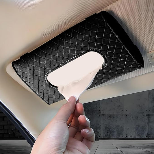Car Tissue Holder, Leather Tissue Holder for Car Sun Visor, Rectangular Auto Sun Visor Napkin Holder Mask Dispenser, Universal Vehicle Tissue Box Sun Visor Accessory (Plaid-Black)