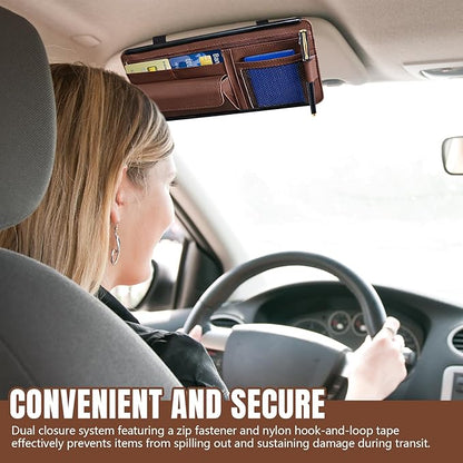 Hovom Car Visor Organizer, Leather Multi-Pocket Auto Sun Visor Storage Pouch with Sunglasses Holder, Card Holder, Zipper Pocket, Net Pocket, Pen Slot, Universal Interior Car Accessories (Brown)