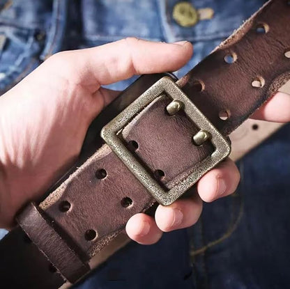 Handcrafted Vintage Style Leather Belt, Brown Full-Grain Leather, Brass Buckle, Double Stitched Design, Casual Wear