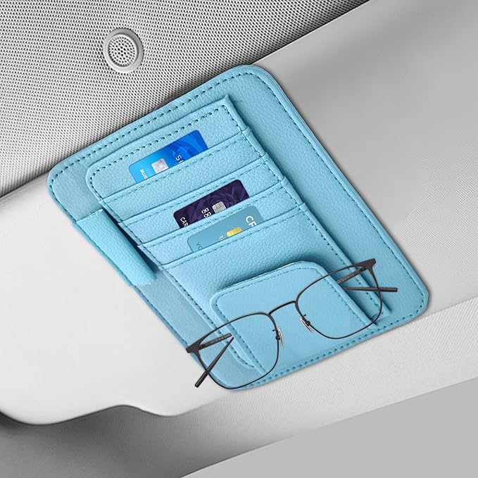 Small Leather Sun Visor Organizer, Visor Accessories, Multi-Pocket Sunvisor Storage with Sunglass Holder, Car Organizer for Drving License Card Pen Fits Most Vehicles (Blue)