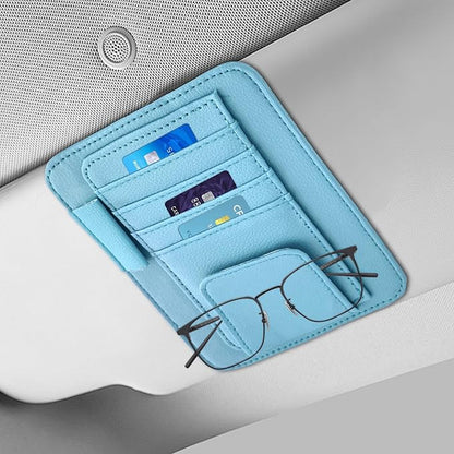 Small Leather Sun Visor Organizer, Visor Accessories, Multi-Pocket Sunvisor Storage with Sunglass Holder, Car Organizer for Drving License Card Pen Fits Most Vehicles (Blue)