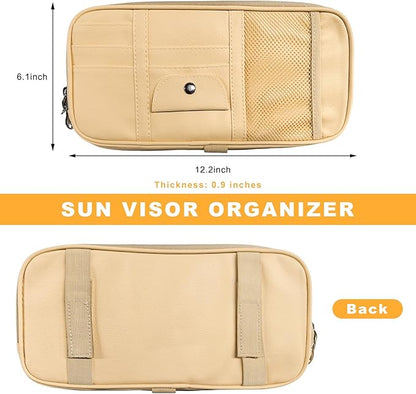 Car Sun Visor Organizer, Multi-Pocket Leather Auto Storage Pouch with Glasses Clip & Zippers, Multifunctional Sun Visor Storage Bag Ticket Organizer for Cars Trucks SUVs (Beige)