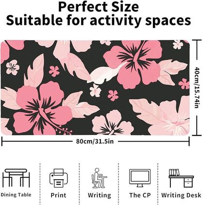 Hibiscus Flowers Desk Mat for Women, Large Waterproof PU Leather Desk Pad with Non-Slip Base, Artistic Office Keyboard Cover for Gaming & Home Work, Tropical Desk Decor (31.5 * 15.75in)