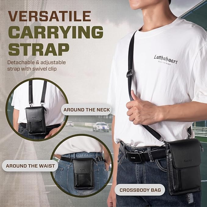 Hengwin Genuine Leather Small Crossbody Bag for Men Women, Cellphone Belt Pouch Bag, Travel Passport Wallet, Shoulder Holster (Black)