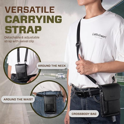 Hengwin Genuine Leather Small Crossbody Bag for Men Women, Cellphone Belt Pouch Bag, Travel Passport Wallet, Shoulder Holster (Black)