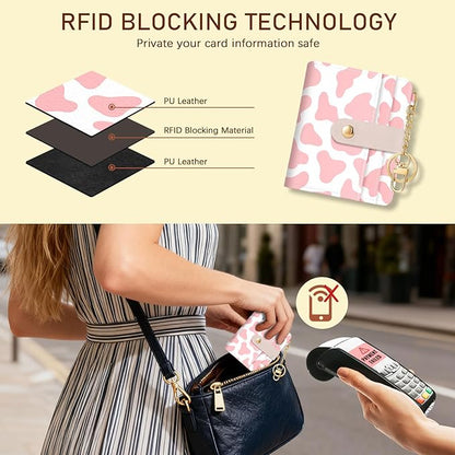 Jogjam Pink Cow Print Rfid Women Wallet, Small Slim Thin Credit Card Wallet, PU Leather Bifold Cash Zipper Coin Pocket ID Window for Female Ladies Teen Girls Girly