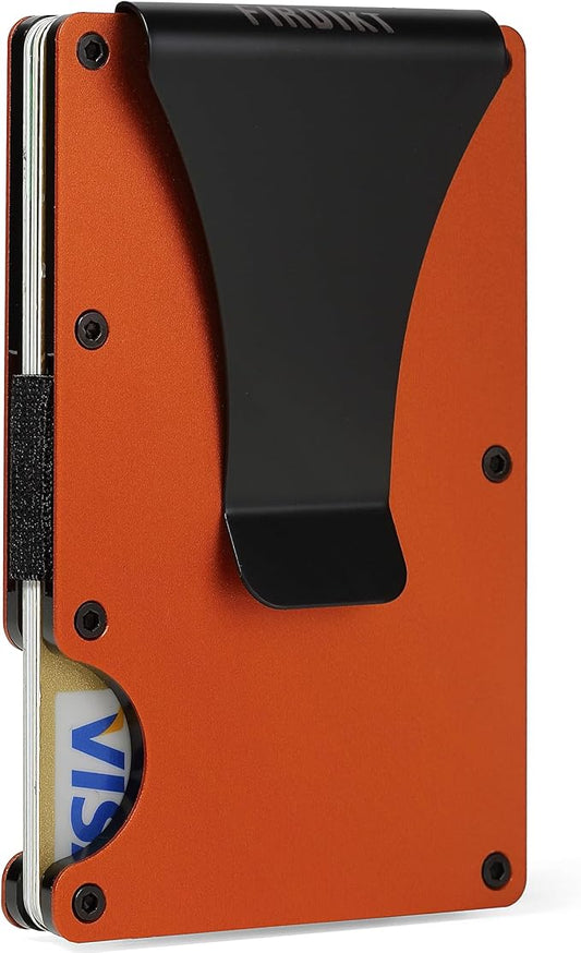 Slim Wallet for Men,RFID Blocking Minimalist Metal Wallet, Money Clip/Cash Holder, Front Pocket Aluminum Credit Card Holder, Ideal Gift for Men,Matte Orange