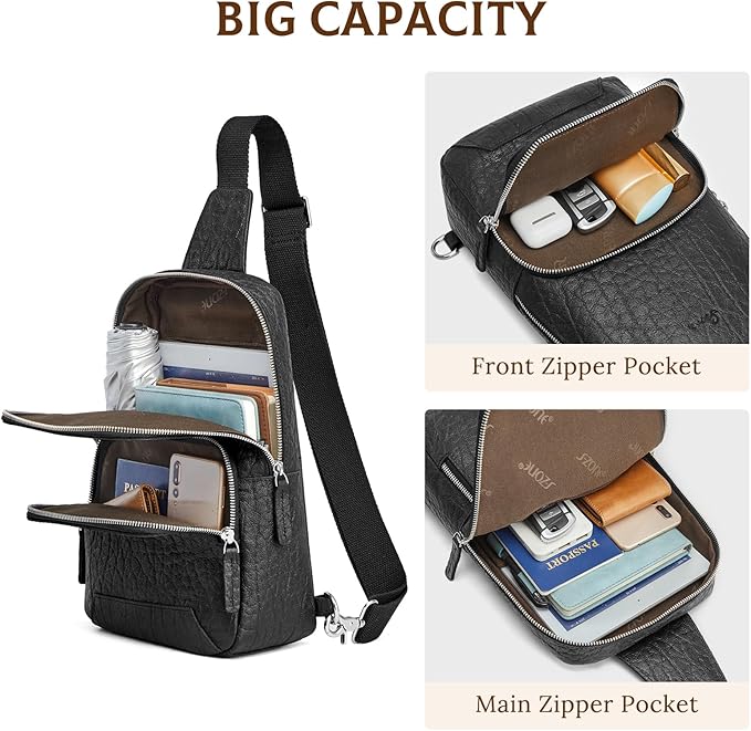 S-ZONE Sling Bag for Men Women RFID Blocking Genuine Leather Crossbody Shoulder Bag Backpack Hiking Daypack Travel | RFID Blocking, Genuine Leather, Hiking Daypack, Travel
