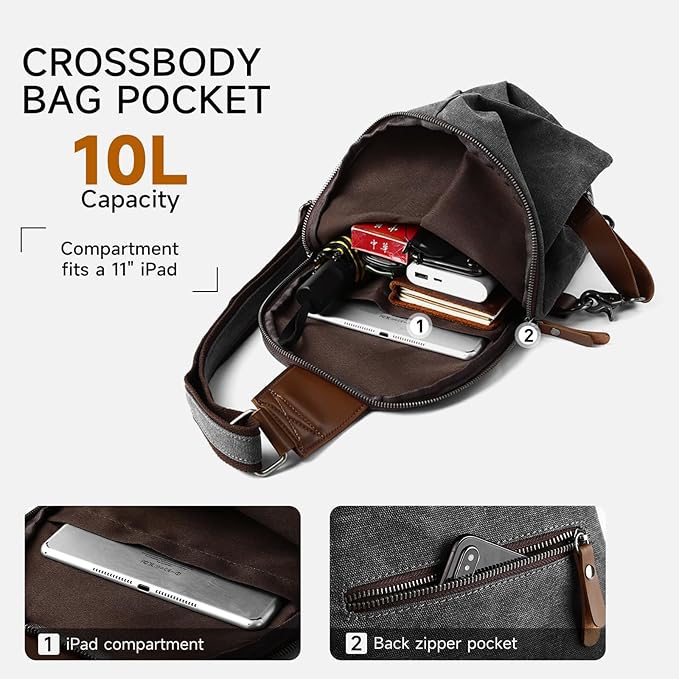MOYYI Canvas Sling Bag for Men Women, 10L Crossbody Bag Small Backpack, Casual Daypack with Anti-Theft Pocket, Vintage Canvas Shoulder Bags for Travel, Daily, Hiking, Work (Grey)