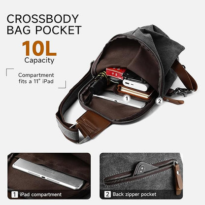 MOYYI Canvas Sling Bag for Men Women, 10L Crossbody Bag Small Backpack, Casual Daypack with Anti-Theft Pocket, Vintage Canvas Shoulder Bags for Travel, Daily, Hiking, Work (Grey)