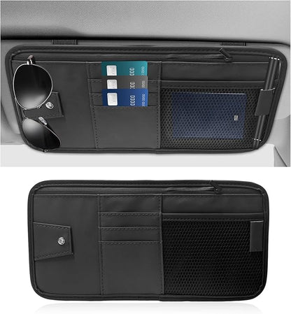 Car Sun Visor Organizer, PU Leather Multi-Pocket Visor Storage Pouch with Zipper, Auto Interior Document Holder Sunvisor Card Sleeve Pocket Organizer for Driving License Pen Key (Black)
