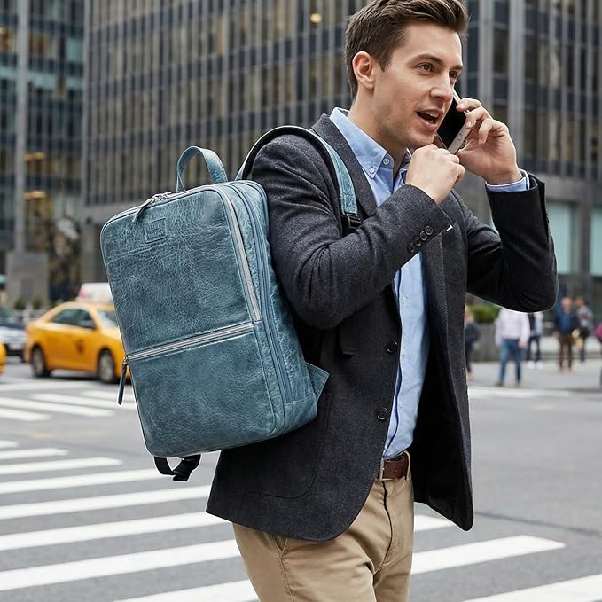 LEATHER VILLAGE Leather Laptop Backpack for Men | Teal Blue | Slim Professional Business Bag Fits 15.6”-Laptop | Water-Repellent Work & Travel Daypack with Trolley Strap