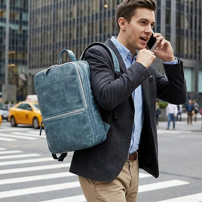 LEATHER VILLAGE Leather Laptop Backpack for Men | Teal Blue | Slim Professional Business Bag Fits 15.6”-Laptop | Water-Repellent Work & Travel Daypack with Trolley Strap