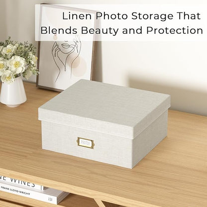 Decorative Photo Storage Box - Linen Photo Box Organizer with Dividers, Fits Holds Up to 1700 Pictures and 4x6 Photos, Memory Keepsake Organizer for Photos, Scrapbook Supplies, Cards, Stamps (Beige)