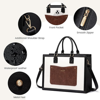 LOVEVOOK Laptop Tote Bag for Women, 15.6 Inch Work Bags, Vintage Leather Tote Bag, Waterproof Computer Bags with Clutch Purse, Large Capacity Messenger Bag for Teacher College Business Office