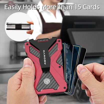 Oaridey Minimalist Wallet for Men- Slim Aluminum Metal Money Clip Wallet with Clear ID Card Holder, Carbon Fiber Wallet, RFID Blocking,Holds up 15 Cards with Cash Clip,Ultra-Thin Tactical Wallet- Red