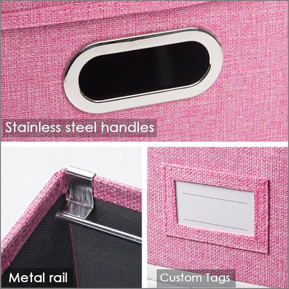 PRANDOM File Organizer Box - Set of 2 Collapsible Decorative Linen Filing Storage Hanging File Folders with Lids Office Cabinet Letter Size Pink (14x9.3x10.8 inch)