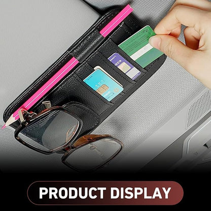 Small Leather Car Sun Visor Organizer, 4.9" x 6.1" Multifunctional Strap-On Document Sunshade Storage Holder for Card Pen Sunglasses License, Universal for Most Cars Trucks SUVs (Black)