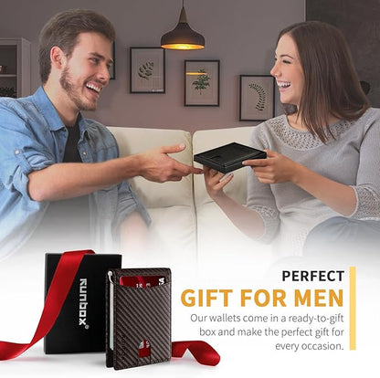 RUNBOX Slim Wallet for Men Genuine Leather RFID Blocking Bifold Minimalist Front Pocket Mens Wallet with Money Clip Thin Gift Box