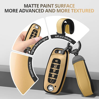 for Nissan Key Fob Cover Accessories- Matte TPU Key Fob Cover with Leather Keychain for 2023 2024 Rogue Pathfinder Versa 2025 Sentra Patrol Armada Smart and More (Champagne Gold, 5 Buttons)