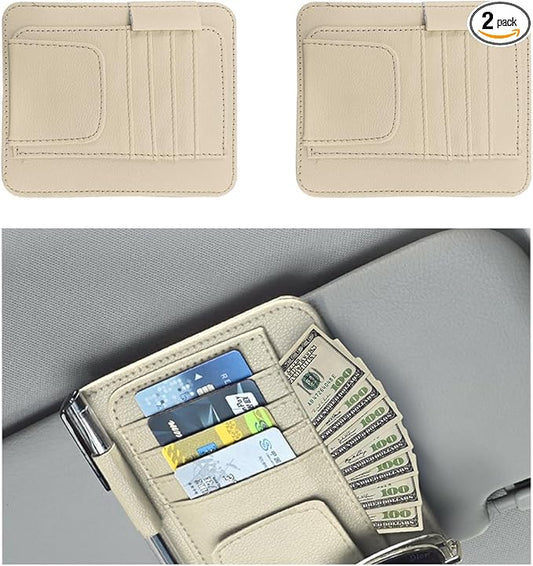 Augeny 2 PCS Car Sun Visor Organizer, Small Auto Visor Organizer and Storage, Registration and Document Holder for Sunglasses, Card, Pen, Driver License, Car Accessories (Beige)